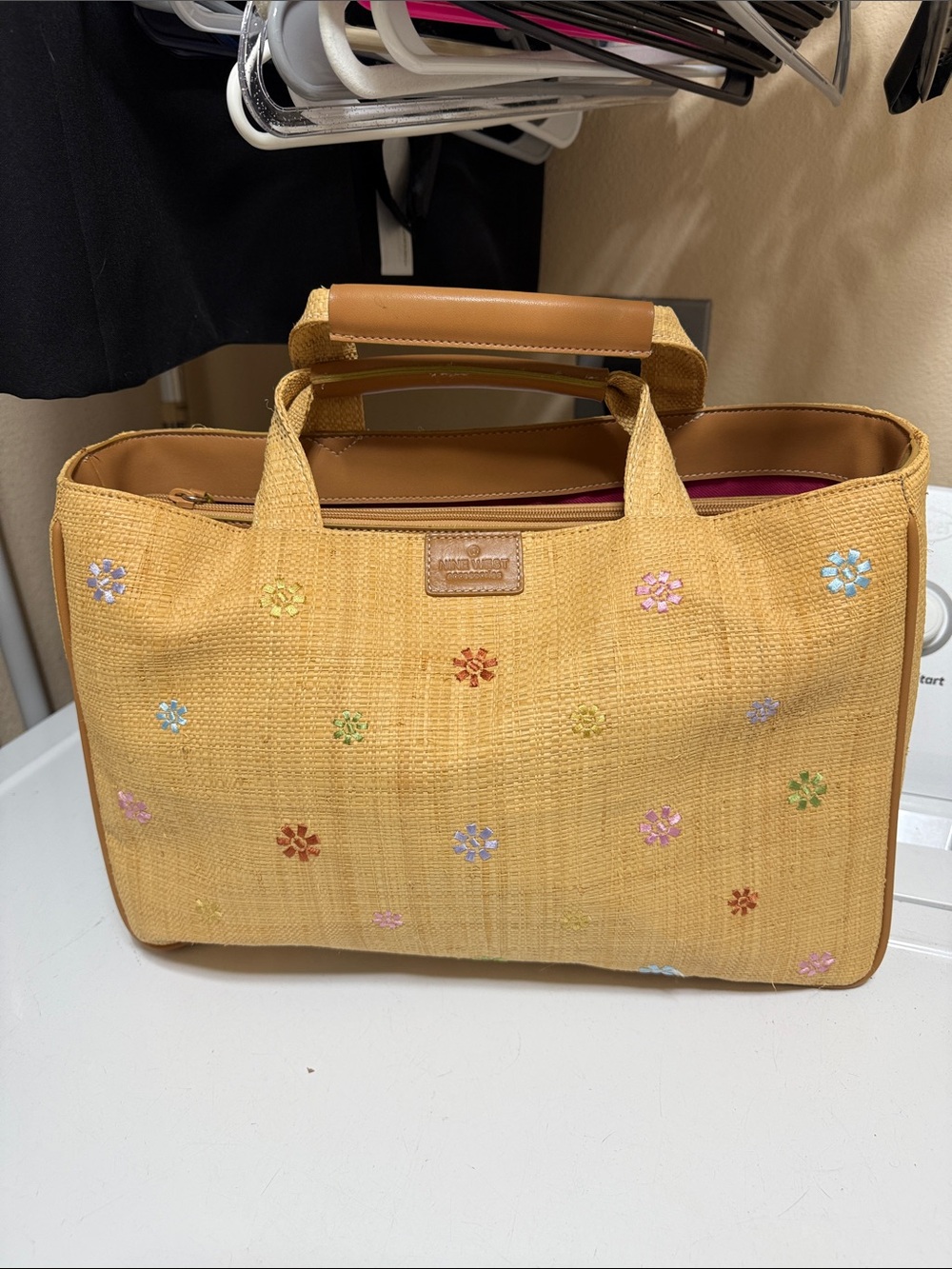 Nine West Yellow Straw Tote with Multicolor Floral Embroidery